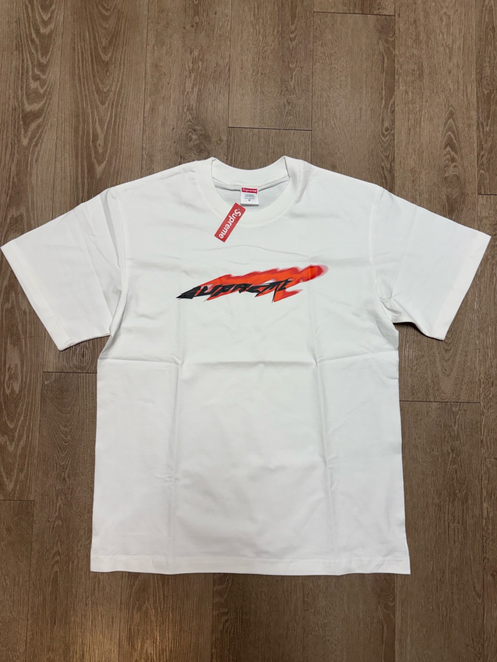 Supreme White Tee with Red-Orange and Black Flame Logo